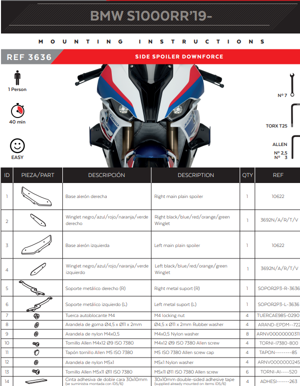 Puig Downforce Winglets Spoiler model 3636 for BMW S1000RR K67 2019-2022