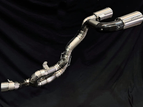 Vandemon Ti1 titanium half-system exhaust fitted to Ducati Panigale V4, natural brushed finish