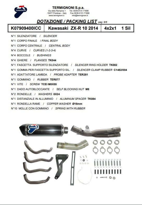 Termignoni stainless steel full exhaust system with carbon silencer for Kawasaki ZX-10 R/RR 2016-2020