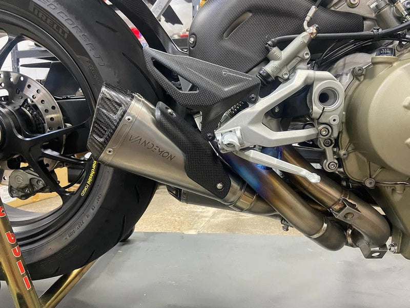 Vandemon Low Titanium full exhaust system on Ducati Panigale V4 naturally brushed finish
