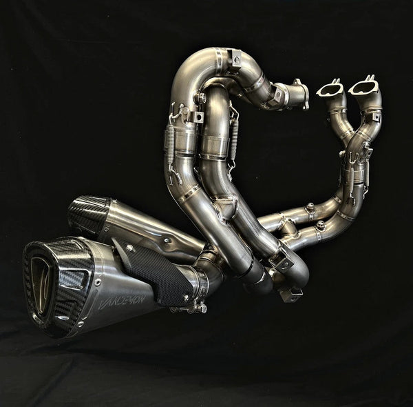 Vandemon Low Titanium full exhaust system on Ducati Panigale V4/S, naturally brushed titanium finish
