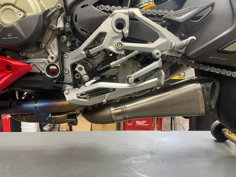 Vandemon Low Titanium full exhaust system on Ducati Panigale V4/S, naturally brushed titanium finish