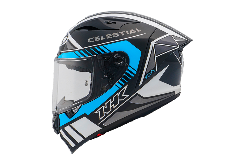 NHK GP-R Tech Race full-face race helmet in Magi Black and Glitter Blue gloss finish