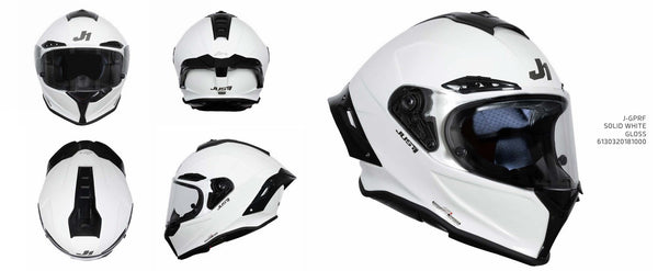 Just1 J-GPRF racing helmet in solid gloss white, front three-quarter view