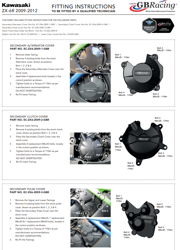 GBRacing engine cover protector complete set for Kawasaki ZX-6R ZX-636 ZX-RR 2009–2012