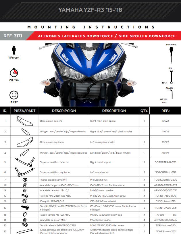 Puig Downforce Winglets Spoiler for Yamaha YZF-R3 2015-2018 part 3171