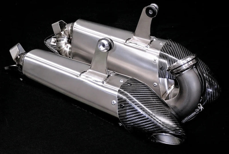 Vandemon Slip-On Low Titanium exhaust system on Ducati Panigale V2 955 with carbon fibre end caps