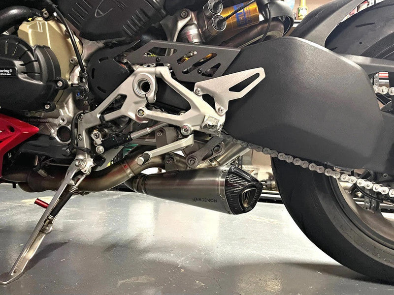 Vandemon Slip-On Low titanium exhaust system with carbon fibre end caps for Ducati Panigale V4/S/R 2018-2021