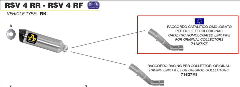 Arrow 71627KZ stainless steel mid-pipe with catalyst for Aprilia RSV4 RR RF 2015-2016