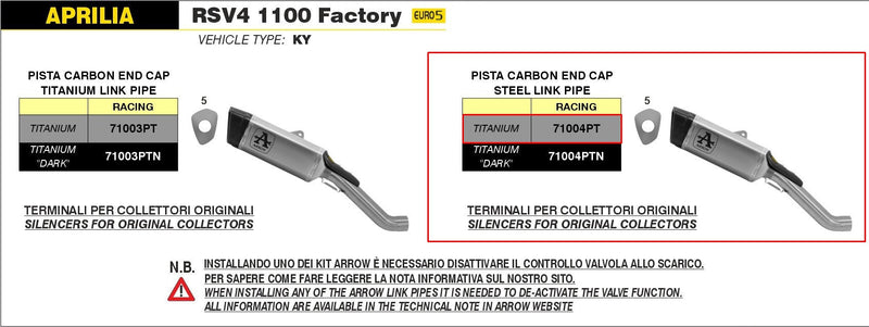 Arrow Pista stainless steel slip-on silencer kit 71004PT for Aprilia RSV4 1100 Factory