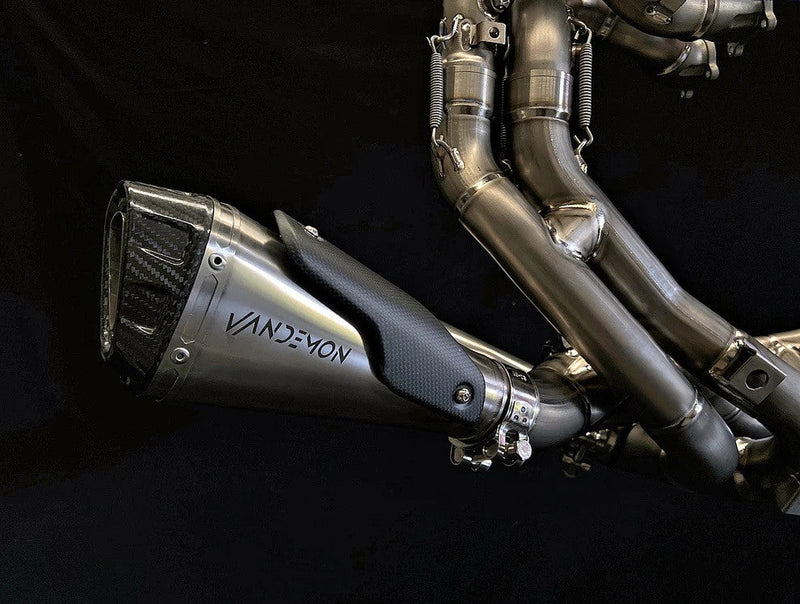 Vandemon Low Titanium full exhaust system on Ducati Panigale V4/S, naturally brushed titanium finish
