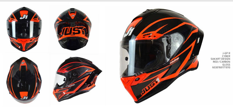 Just1 J-GPR full-face racing helmet in Cyber Red and Carbon gloss finish