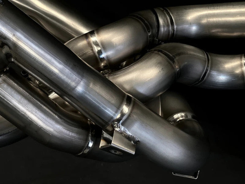 Vandemon Low Titanium full exhaust system on Ducati Panigale V4/S, naturally brushed titanium finish