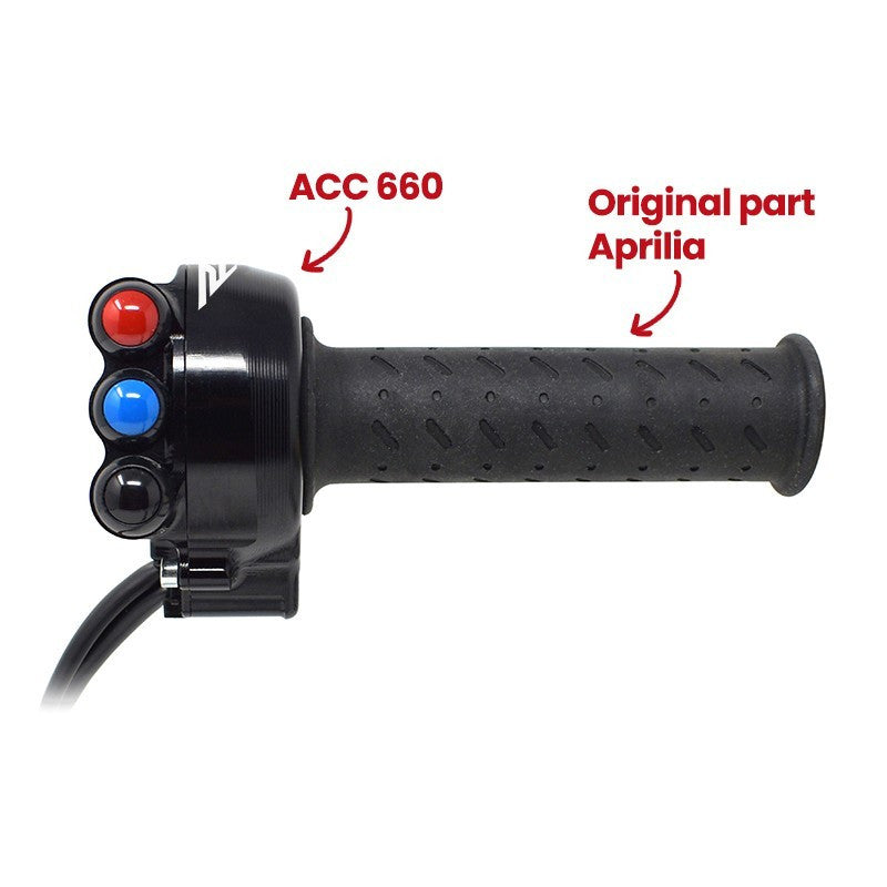 JetPrime aluminium throttle grip housing with integrated handlebar switch for Aprilia RSV4 1100 Factory