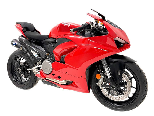 Termignoni Titanium SBK Replica full exhaust system on Ducati Panigale V2 955, black titanium carbon silencer underseat