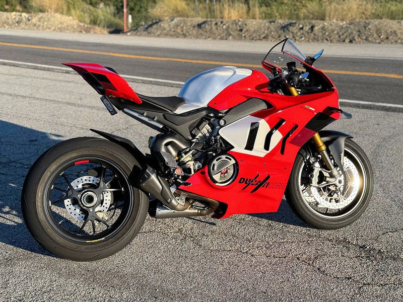 Vandemon Slip-On Low Titanium exhaust on Ducati Panigale V4, natural brushed finish