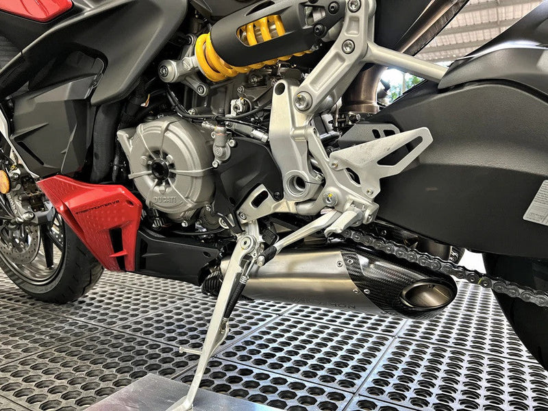 Vandemon Slip-On Low Titanium exhaust system on Ducati Panigale V2 955 with carbon fibre end caps