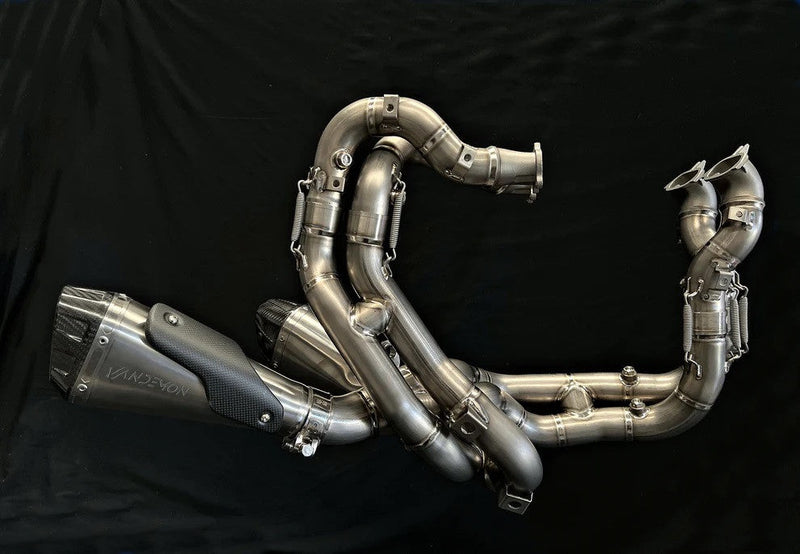 Vandemon Low Titanium full exhaust system on Ducati Panigale V4 naturally brushed finish