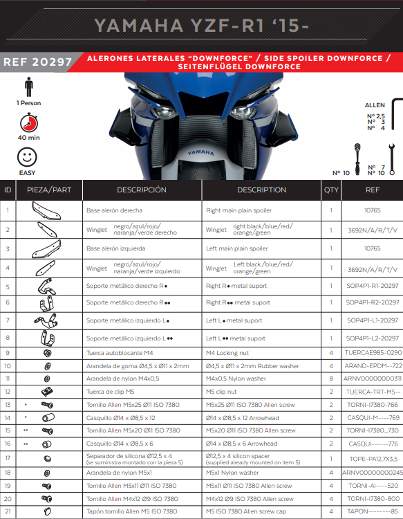 Puig Downforce Winglet Spoilers Part 20297 for Yamaha YZF-R1/M RN65 2020-2025