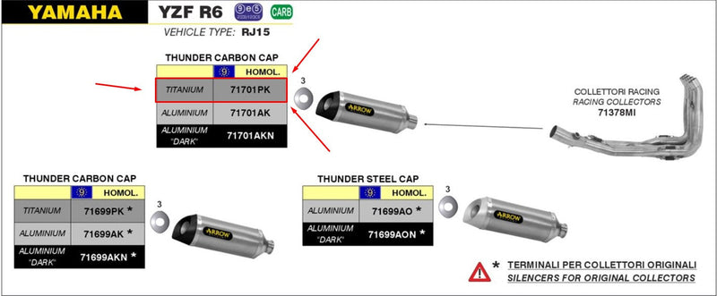 Arrow Thunder 71701PK titanium slip-on silencer with carbon end cap for Yamaha YZF-R6 RJ15
