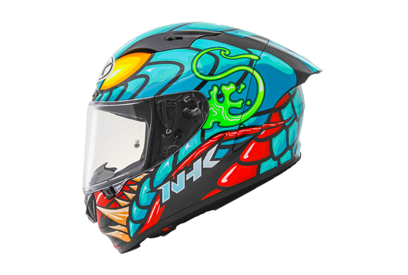 NHK GP-R Tech Race full-face helmet in Reptile Black and Tosca gloss finish