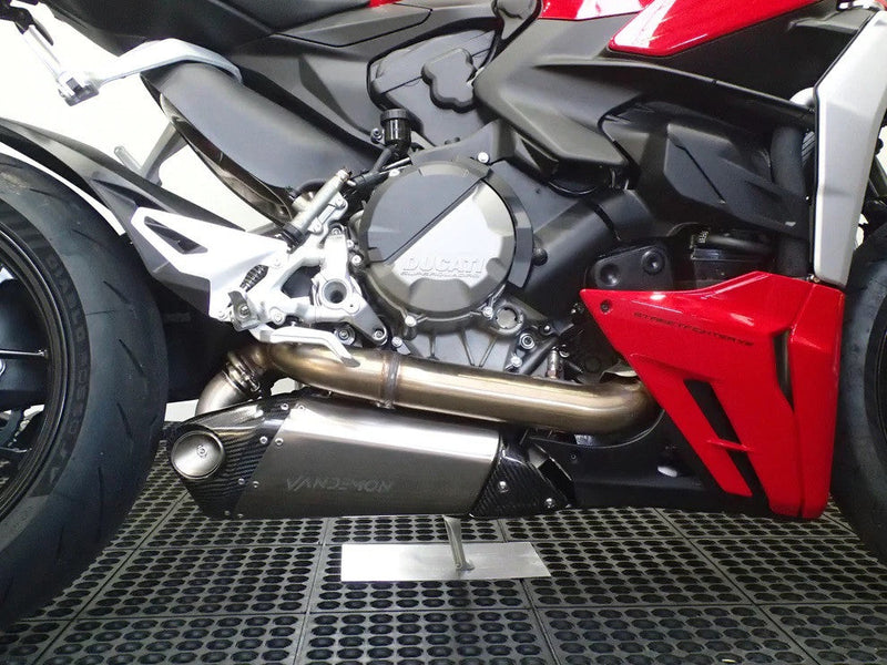 Vandemon Slip-On Low Titanium exhaust system on Ducati Panigale V2 955 with carbon fibre end caps