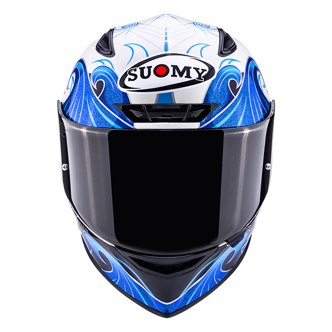 Suomy Track-1 full-face helmet in Waves White graphic, front three-quarter view