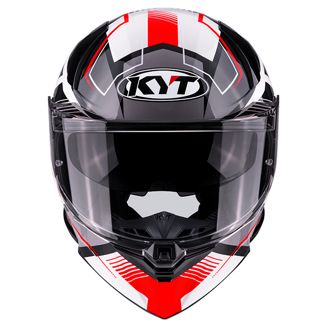 KYT R2R full-face helmet in Parsec White/Red graphic, front three-quarter view