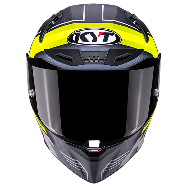 KYT R1R full-face racing helmet in Carbon Accelerator Yellow, tricomposite shell, ECE 22.06