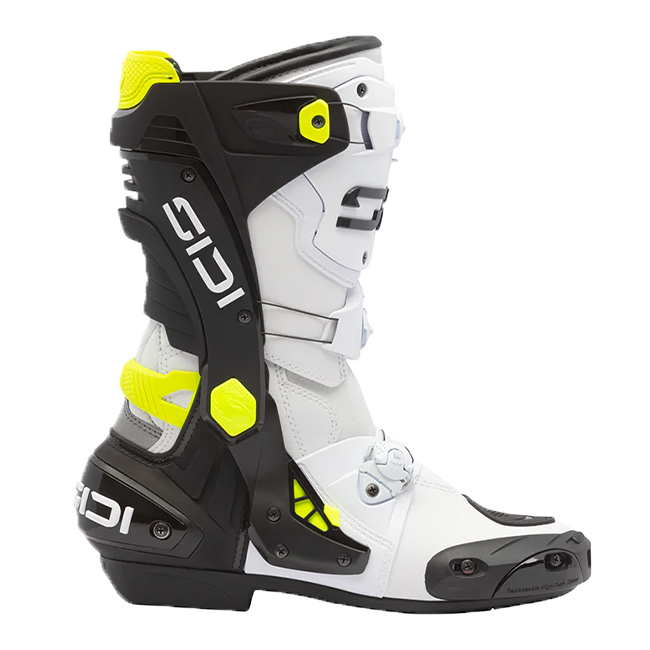 Sidi Rex motorcycle racing boots in white, black and yellow colourway