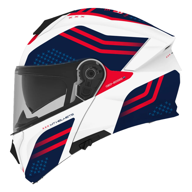 MT-Helmets Genesis R SV Vibe A7 flip-up helmet in gloss white and navy with red chevrons — side view