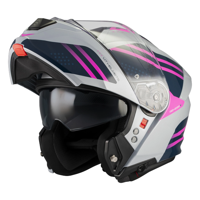 MT-Helmets Genesis R SV Vibe C8 flip-up helmet in gloss white with magenta chevrons — front three-quarter view