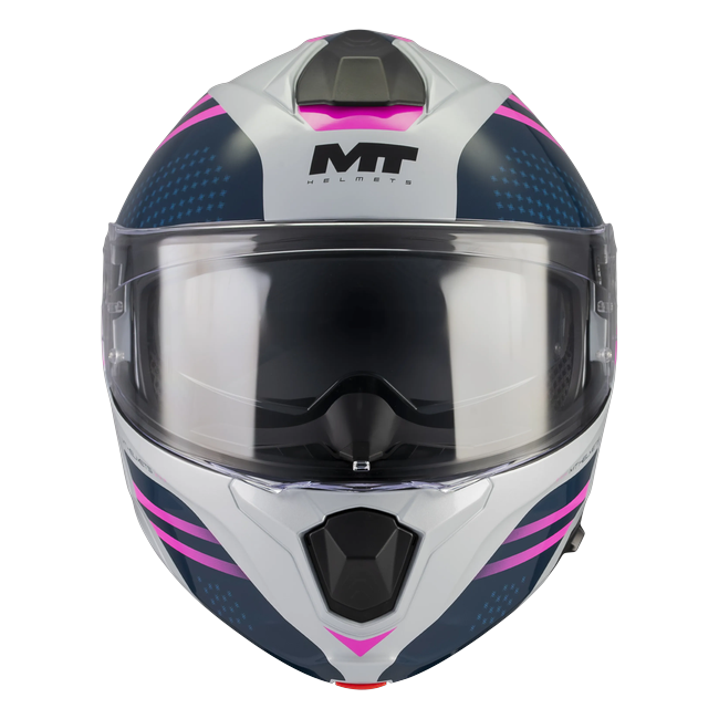 MT-Helmets Genesis R SV Vibe C8 flip-up helmet in gloss white with magenta chevrons — front view