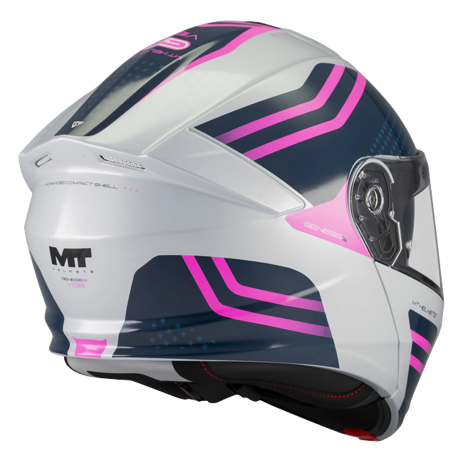 MT-Helmets Genesis R SV Vibe C8 flip-up helmet in gloss white with magenta chevrons — rear three-quarter view