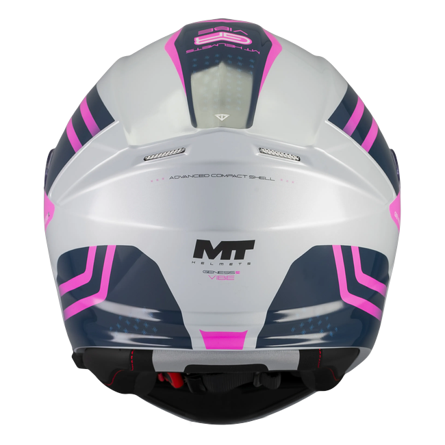 MT-Helmets Genesis R SV Vibe C8 flip-up helmet in gloss white with magenta chevrons — rear view