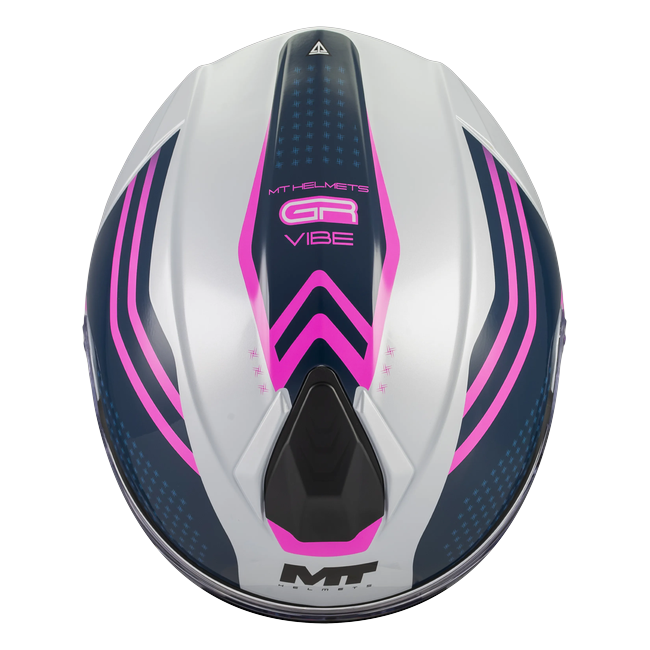 MT-Helmets Genesis R SV Vibe C8 flip-up helmet in gloss white with magenta chevrons — top view