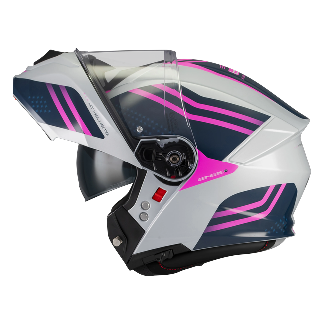 MT-Helmets Genesis R SV Vibe C8 flip-up helmet in gloss white with magenta chevrons — detail view