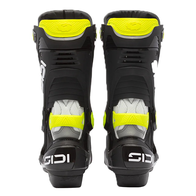 Sidi Rex motorcycle racing boots in white, black and yellow colourway