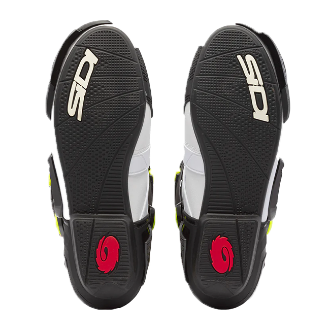 Sidi Rex motorcycle racing boots in white, black and yellow colourway