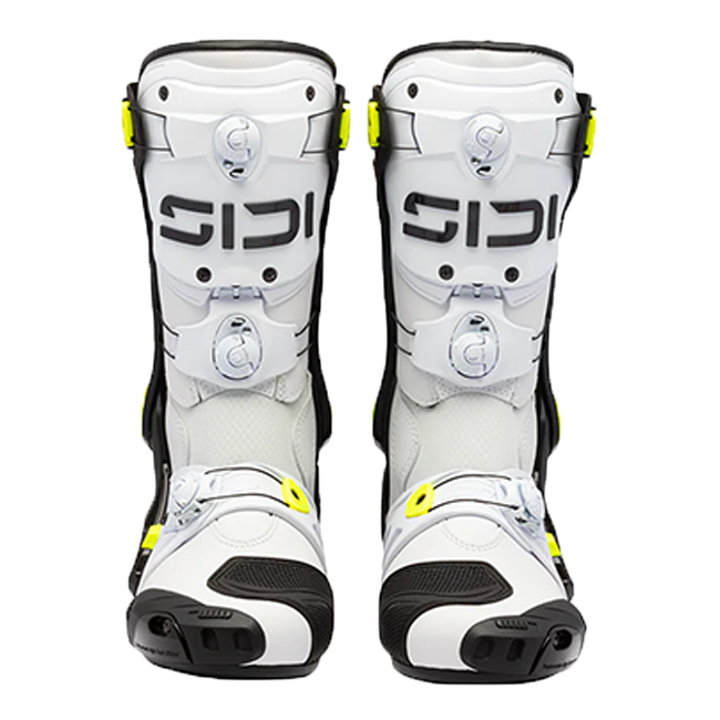 Sidi Rex motorcycle racing boots in white, black and yellow colourway