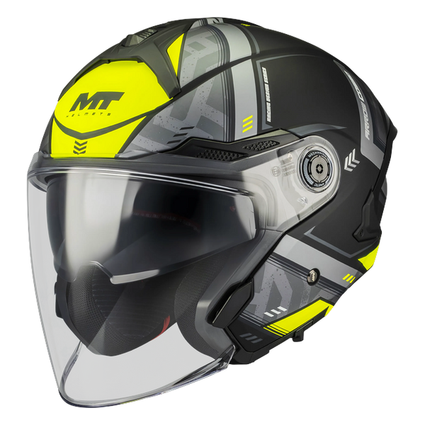 MT-Helmets Cosmo SV Arrow B3 Jet Helmet – Matt Neon Yellow – front three-quarter view
