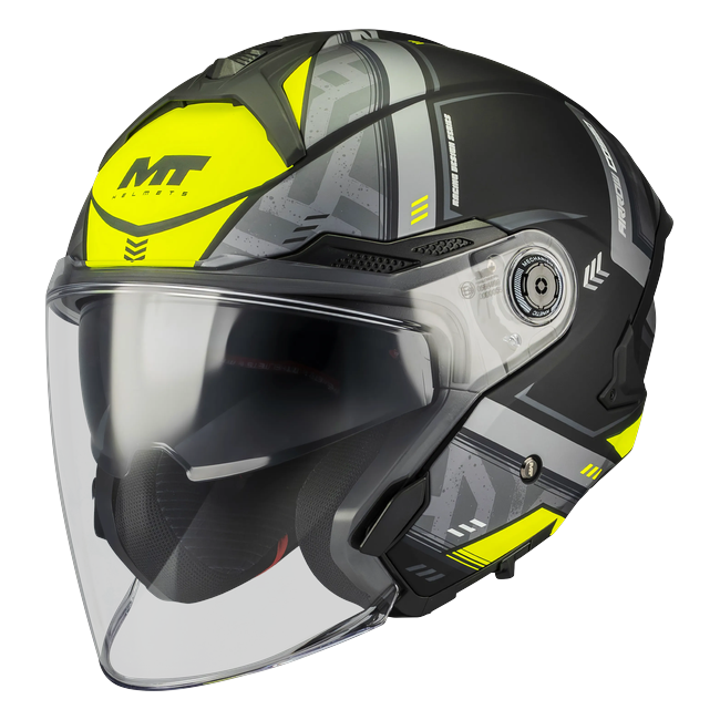 MT-Helmets Cosmo SV Arrow B3 Jet Helmet – Matt Neon Yellow – front three-quarter view
