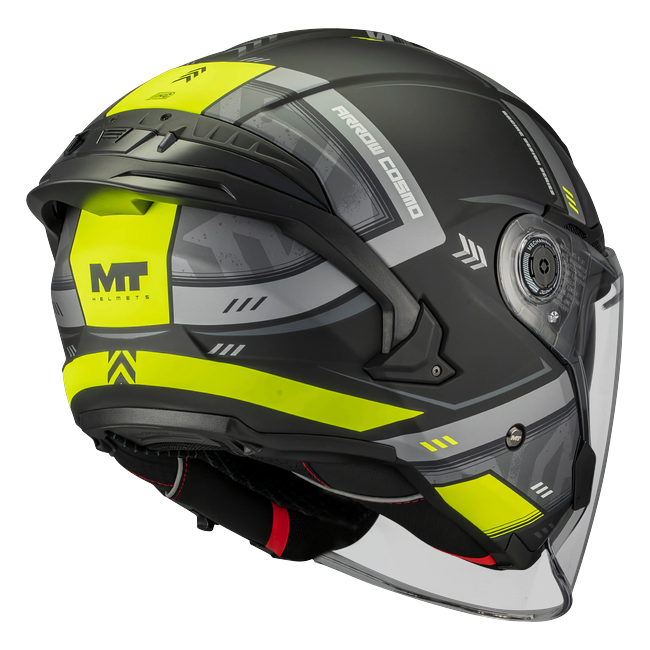 MT-Helmets Cosmo SV Arrow B3 Jet Helmet – Matt Neon Yellow – rear three-quarter view