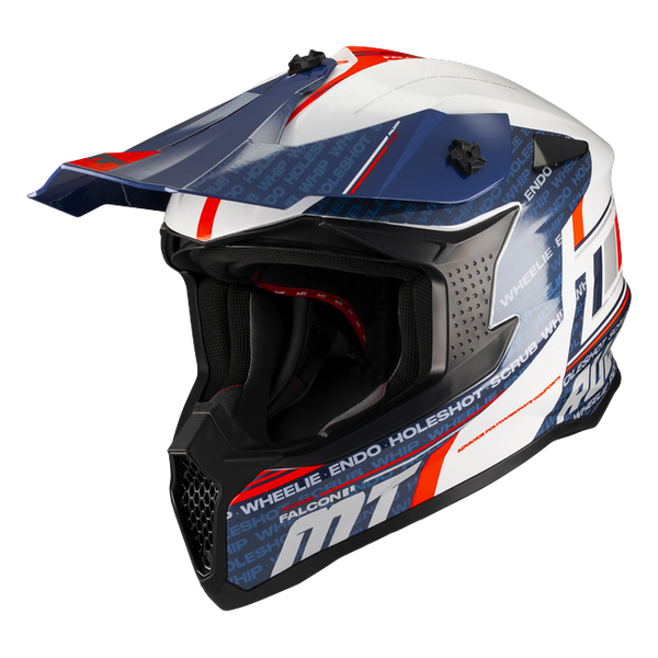MT-Helmets Falcon S Ruler A15 Motocross Helmet – Gloss White/Navy/Red – front three-quarter view