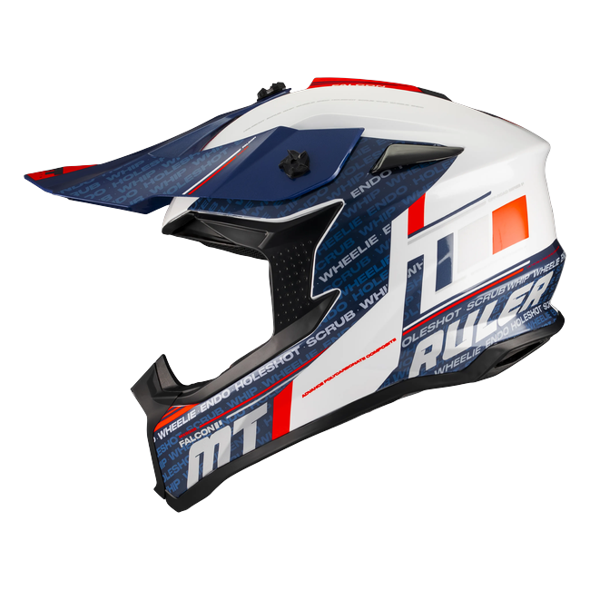 MT-Helmets Falcon S Ruler A15 Motocross Helmet – Gloss White/Navy/Red – left side view
