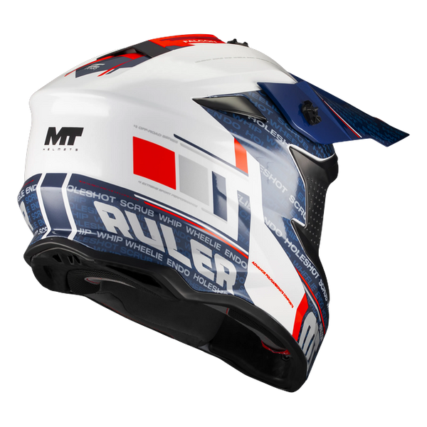MT-Helmets Falcon S Ruler A15 Motocross Helmet – Gloss White/Navy/Red – rear three-quarter view