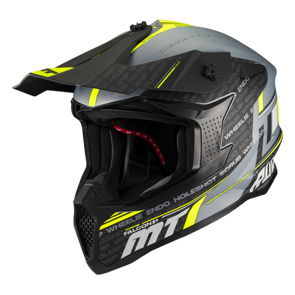 MT-Helmets Falcon S Ruler C2 Motocross Helmet – Matt Grey/Neon Yellow – front three-quarter view