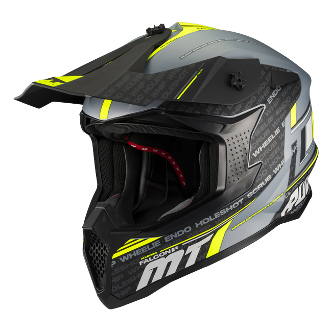 MT-Helmets Falcon S Ruler C2 Motocross Helmet – Matt Grey/Neon Yellow – front three-quarter view