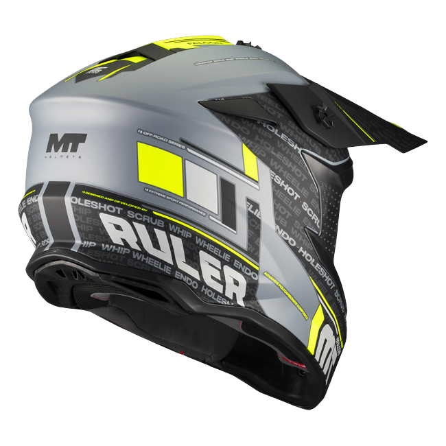 MT-Helmets Falcon S Ruler C2 Motocross Helmet – Matt Grey/Neon Yellow – rear three-quarter view