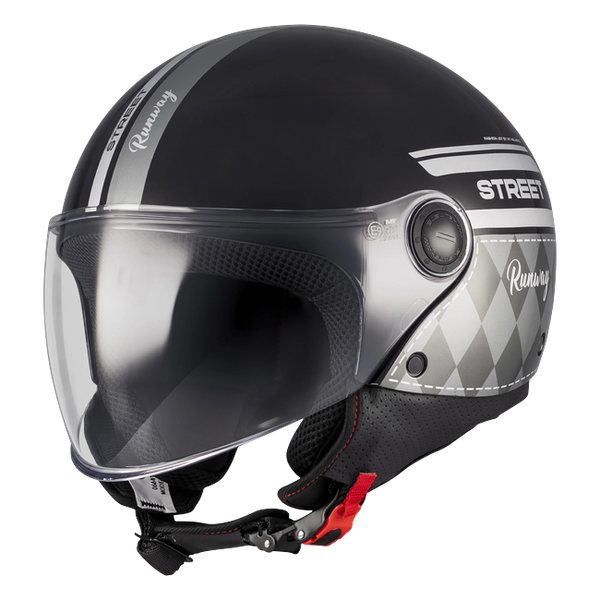 MT-Helmets Street S Runway B2 Jet Helmet – Gloss Black/Grey – front three-quarter view